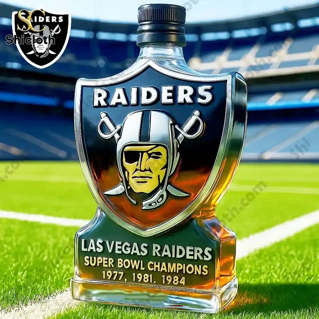 Las Vegas Raiders Honor Collectors Christmas Whiskey Bottle 3 Another Raiders collectible bottle shown on a football field background!