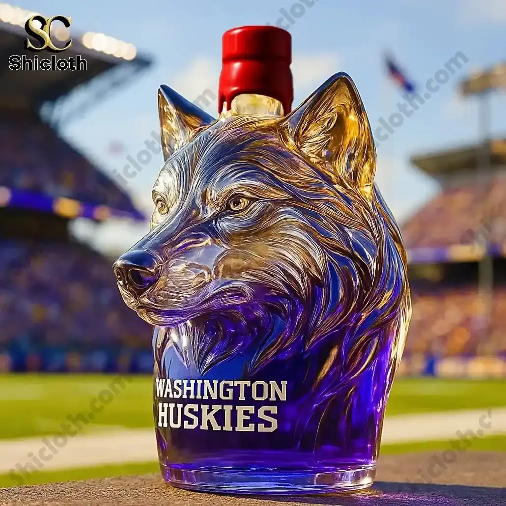NEW Washington Huskies Christmas Whiskey Bottle 3 Husky shaped bottle with red cap displaying Washington Huskies branding by Shicloth.