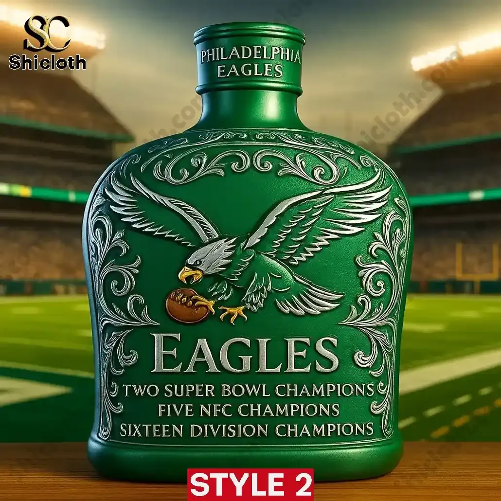 Philadelphia Eagles Crown Royal Christmas Whiskey Bottle 3 Shicloth Eagles bottle with tall neck design and engraved eagle artwork!