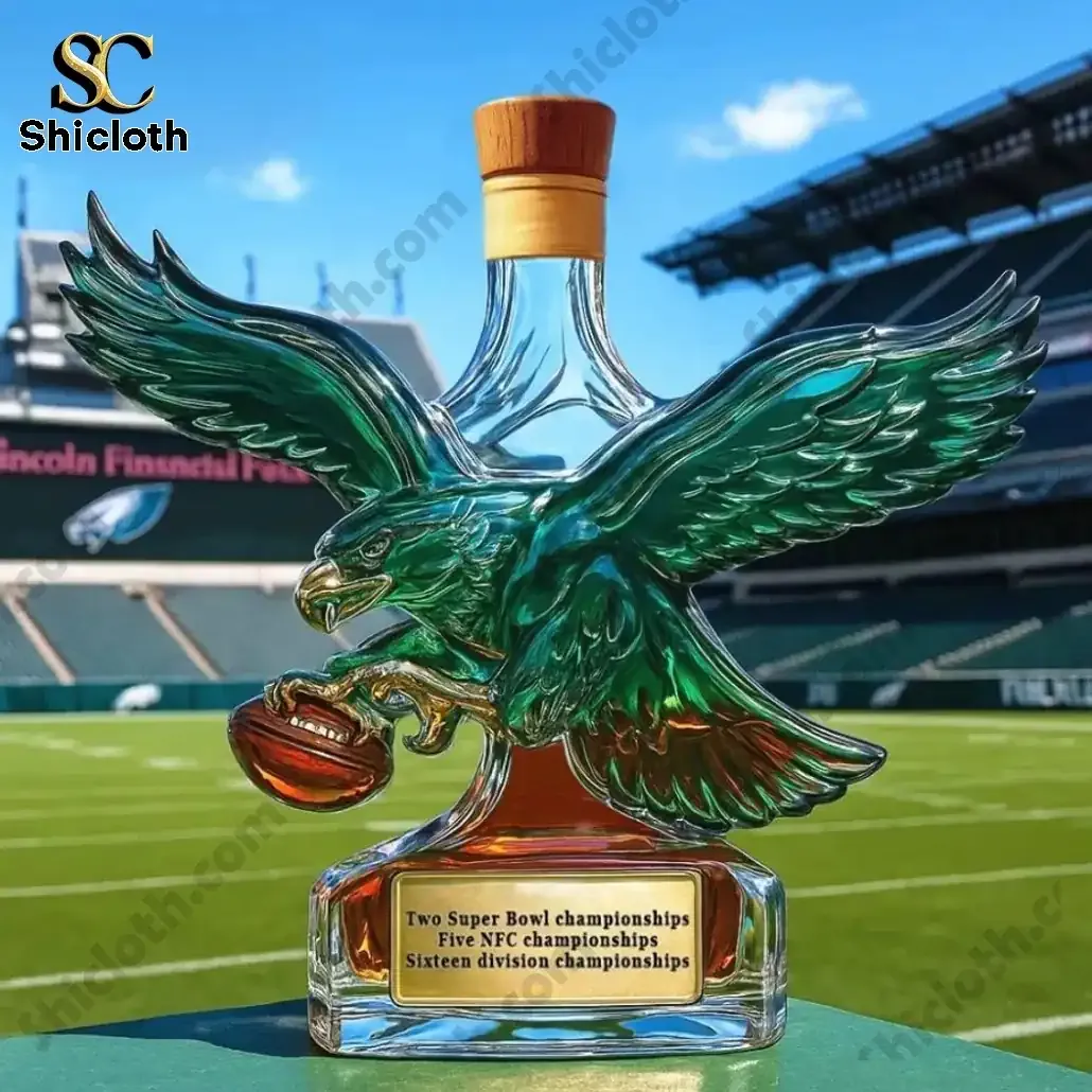 Philadelphia Eagles Retro Logo Christmas Whiskey Bottle 5 Eagle shaped whiskey bottle with wooden top on a stadium field!