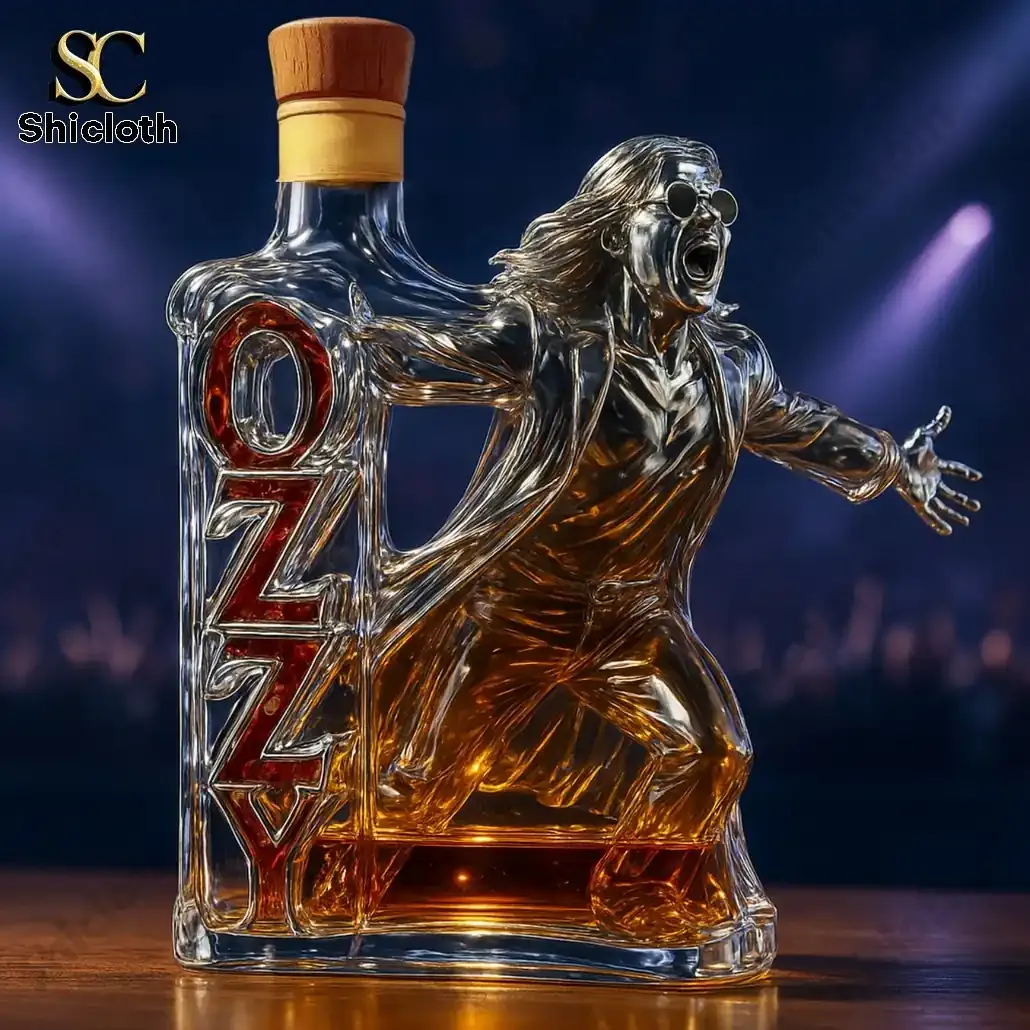 Ozzy Osbourne Final Tour Memorial Christmas Whiskey Bottle 5 Rock singer shaped glass bottle with a wooden cap