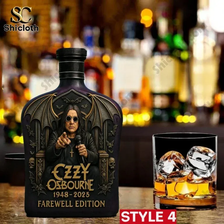 Black Sabbath Ozzy Osbourne Crown Royal Farewell Christmas Whiskey Bottle 5 A themed farewell edition bottle with a dark twist cap beside a glass of whiskey.