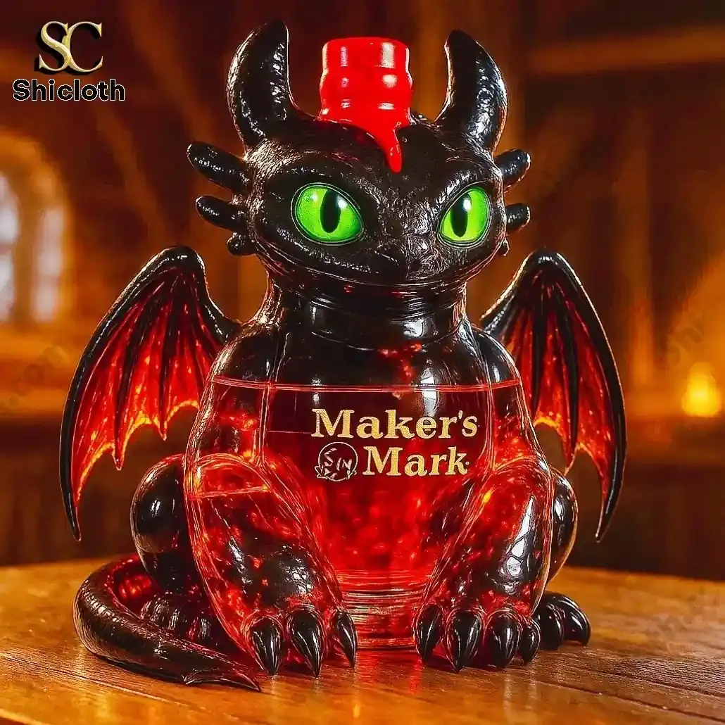 Toothless How to Train Your Dragon Crown Royal Christmas Whiskey Bottle 5 Dragon bottle with green eyes red cap and Makers Mark label!