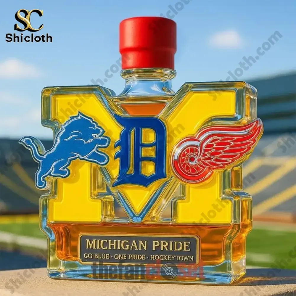 Michigan Pride Edition Christmas Whiskey Bottle 5 Michigan Pride bottle with red top and Michigan sports team logos outdoors!