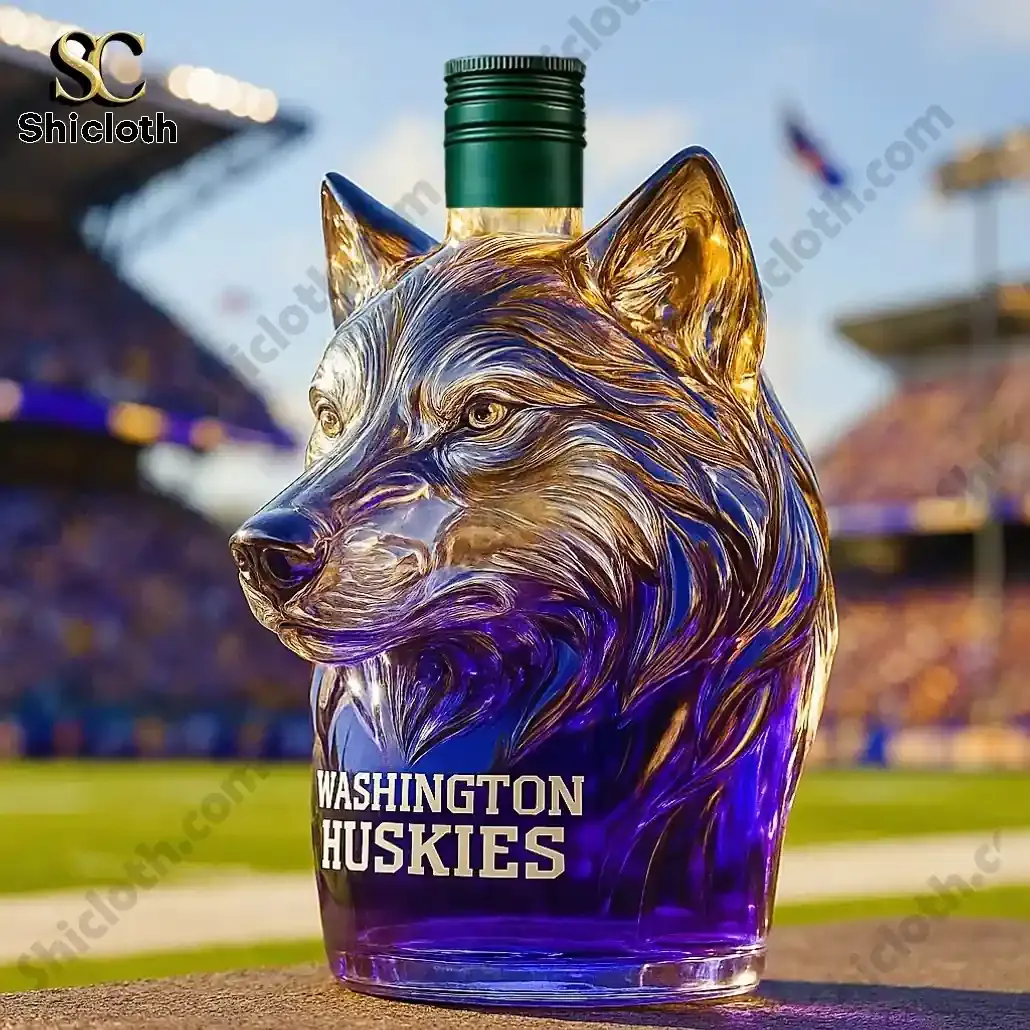 NEW Washington Huskies Christmas Whiskey Bottle 4 Husky shaped bottle with green cap featuring Washington Huskies branding by Shicloth.
