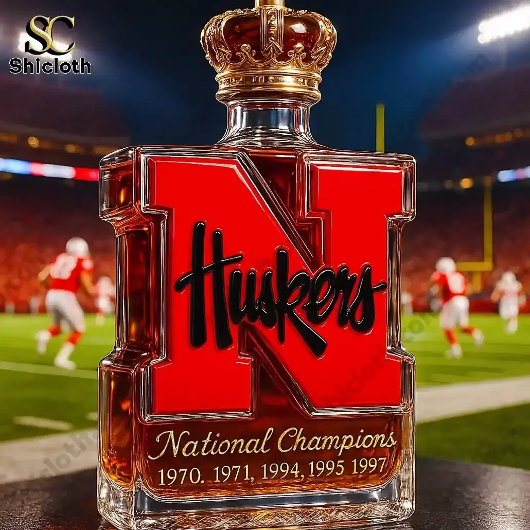NEW Nebraska Cornhuskers 5-Time National Champions Christmas Whiskey Bottle 6 Nebraska Huskers bottle with crown topper and stadium background!