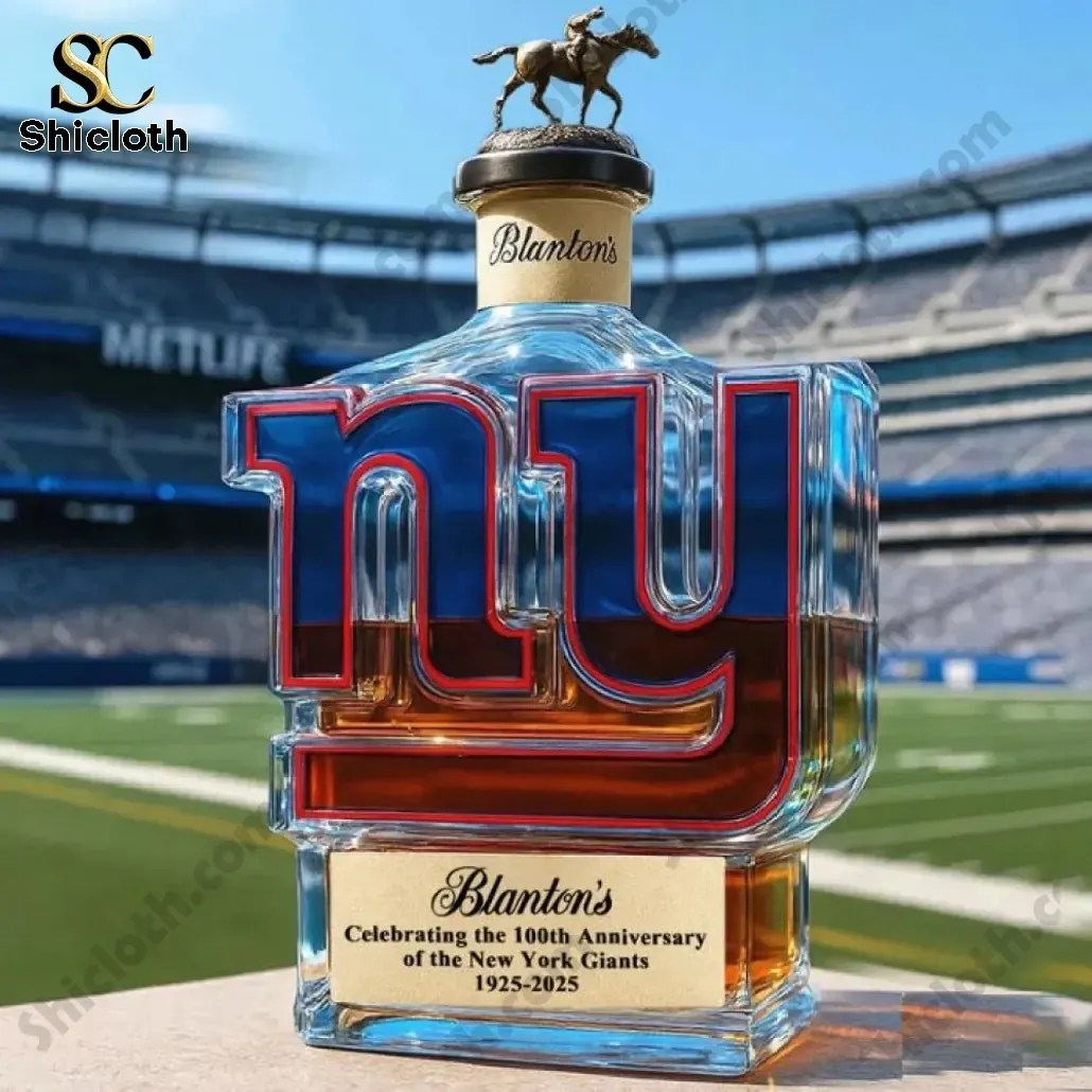 BEST New York Giants 100th Anniversary Edition Christmas Whiskey Bottle 5 Blantons bottle shaped like the New York Giants logo on a football field