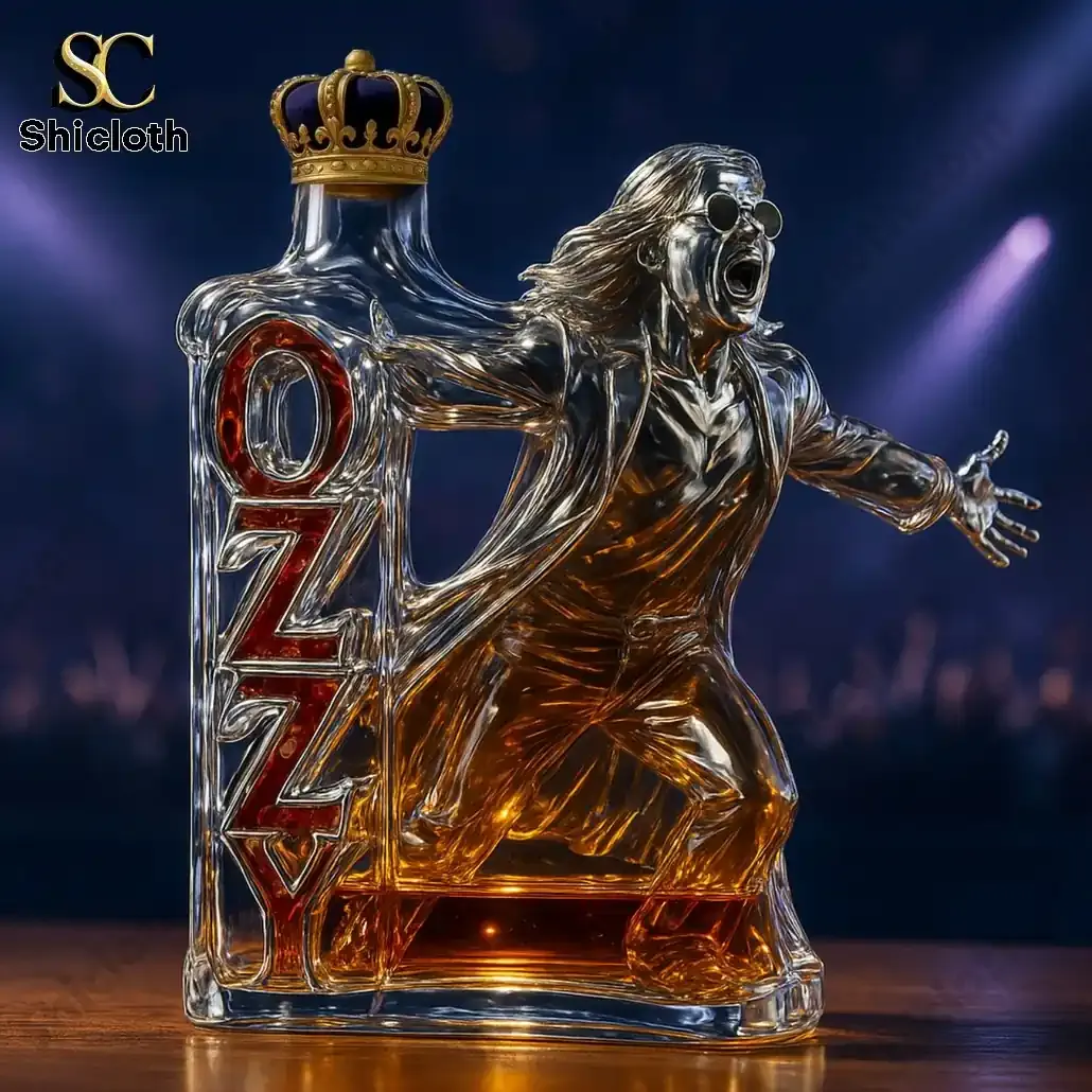 Ozzy Osbourne Final Tour Memorial Christmas Whiskey Bottle 6 Rock shaped glass bottle topped with a crown style cap