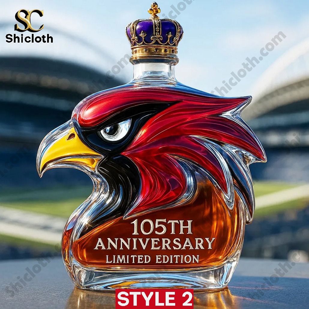 Arizona Cardinals 105th Anniversary Limited Edition Whiskey Bottle Christmas Gift 3 A Shicloth cardinal shaped one hundred fifth anniversary bottle topped with a crown displayed near a stadium.