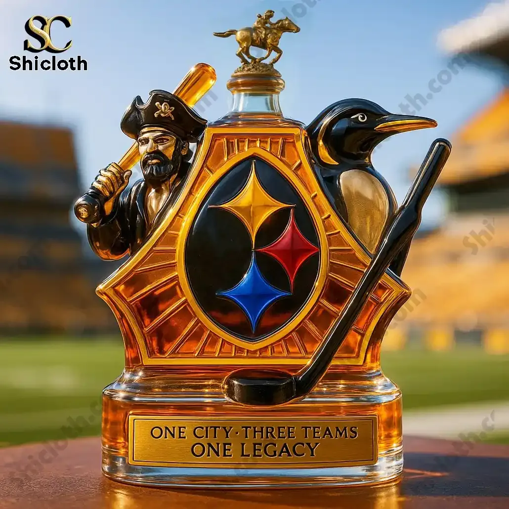 Pittsburgh Sports One City Three Team Christmas Whiskey Bottle 6 Pittsburgh sports legacy bottle with horse topper displayed outdoors!