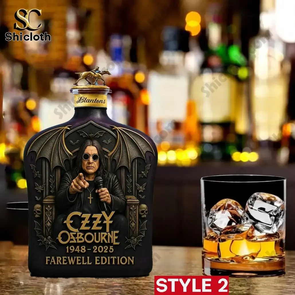 Black Sabbath Ozzy Osbourne Crown Royal Farewell Christmas Whiskey Bottle 6 A themed farewell edition bottle with a horse figure cap next to a whiskey glass.