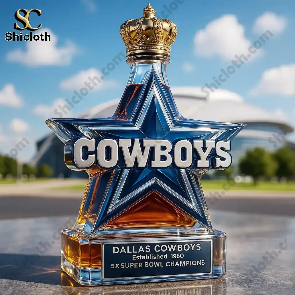 NEW-Dallas Cowboys 5x Super Bowl Champions Christmas Whiskey Bottle 6 Dallas Cowboys star bottle topped with a decorative crown outdoors!