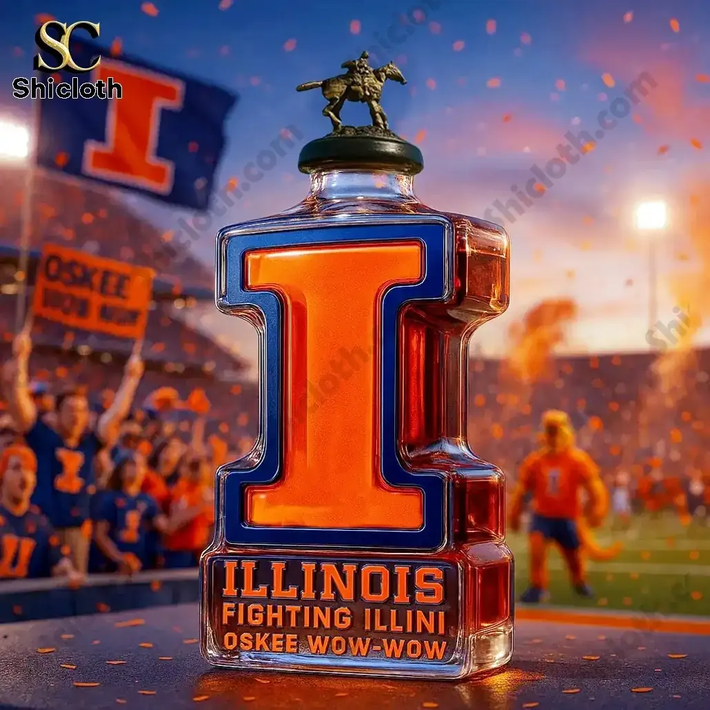 Illinois Fighting Illini Edition Christmas Whiskey Bottle 5 Illinois themed bottle with rider figure on top shaped like orange I from Shicloth