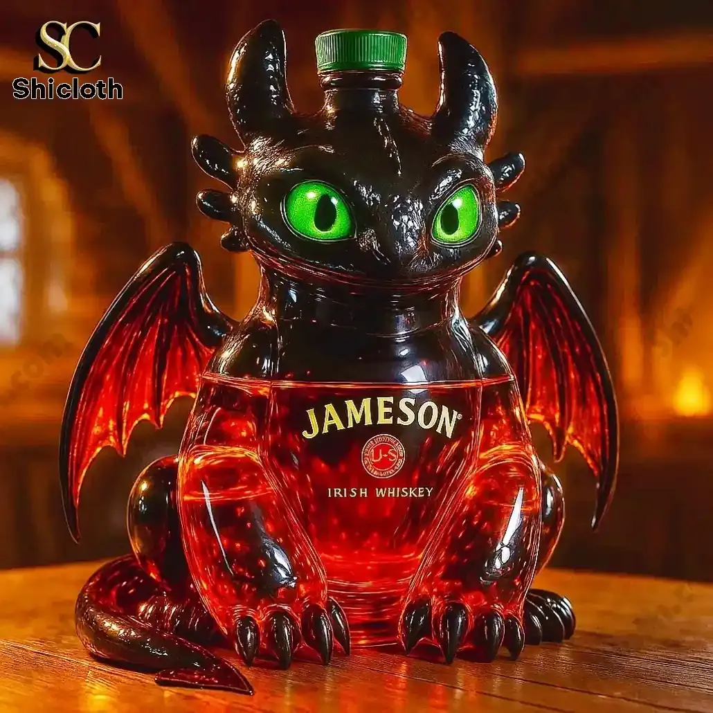 Toothless How to Train Your Dragon Crown Royal Christmas Whiskey Bottle 6 Black dragon bottle with green cap and green eyes labeled Jameson!