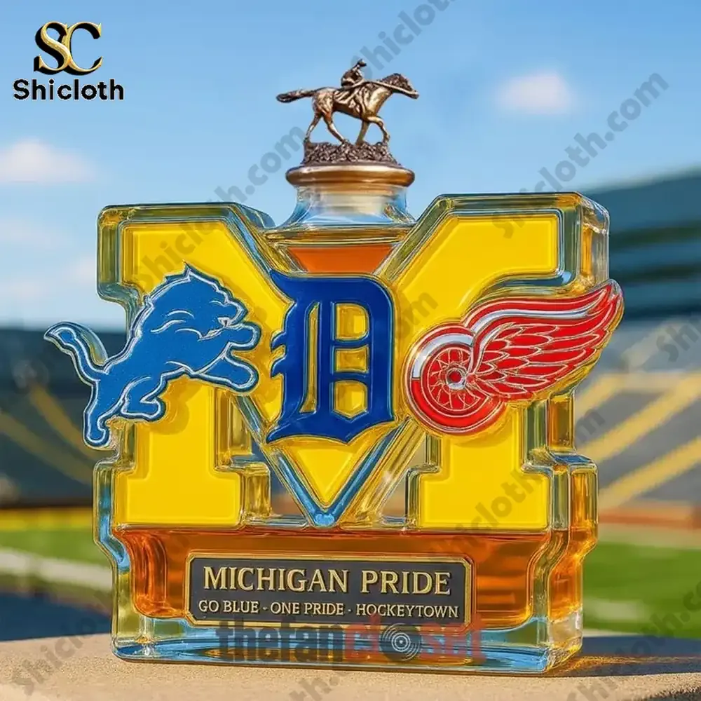 Michigan Pride Edition Christmas Whiskey Bottle 6 Michigan Pride bottle with horse rider top and sports logos outdoors!