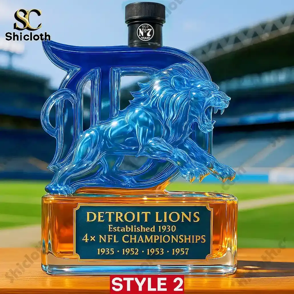 Detroit Lions 4x NFL Championship Christmas Whiskey Bottle 5 Detroit Lions bottle Style Two featuring a black cap with Old No Seven branding.