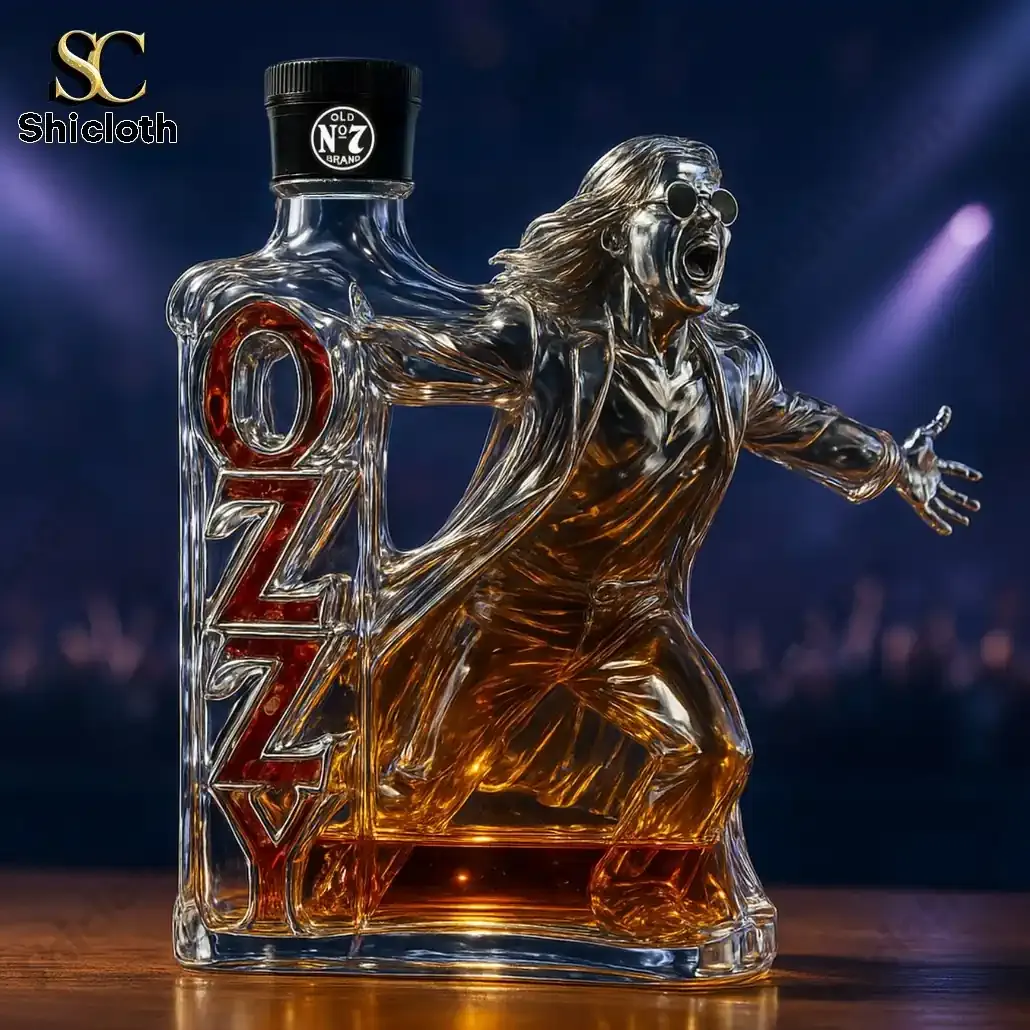 Ozzy Osbourne Final Tour Memorial Christmas Whiskey Bottle 7 Rock shaped glass bottle with a black classic cap
