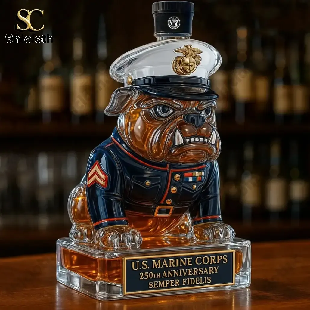 USMC 250th Anniversary Devil Dog Christmas Whiskey Bottle 4 A bulldog shaped Marine Corps themed whiskey bottle with a black N7 cap on a bar counter.