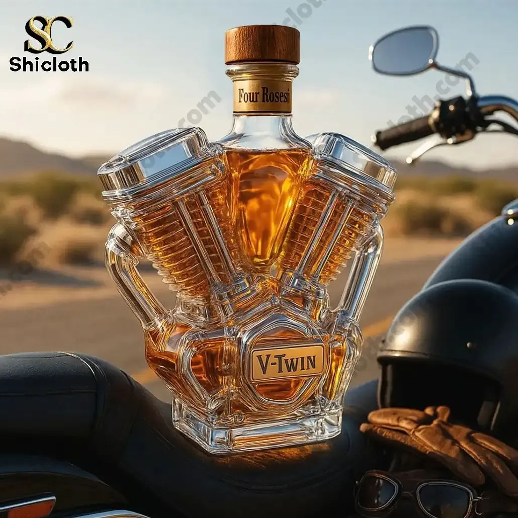 V-Twin Crown Royal Christmas Whiskey Bottle 6 V Twin engine shaped whiskey bottle with Four Roses cap on motorcycle seat!