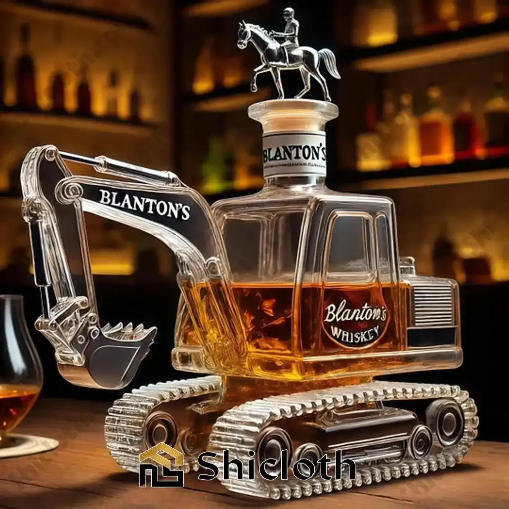 Excavator Crown Royal Christmas Whiskey Bottle 5 Blantons themed excavator shaped whiskey bottle on a bar table!