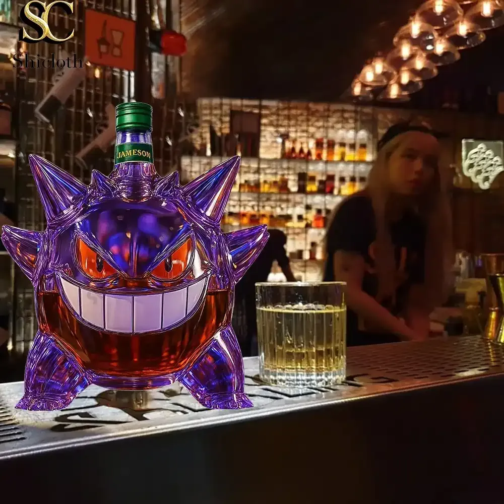 Pokemon Gengar Christmas Whiskey Bottle 5 Purple Gengar shape whiskey bottle with green cap on a bar counter.