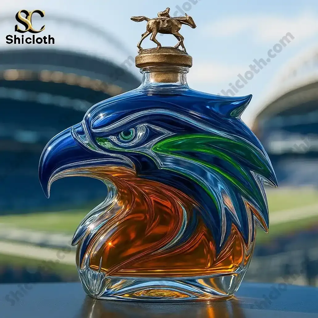 Seattle Seahawks NFL Whisky Bottle 5 An eagle shaped liquor bottle with a rider statue cap in a stadium backdrop.