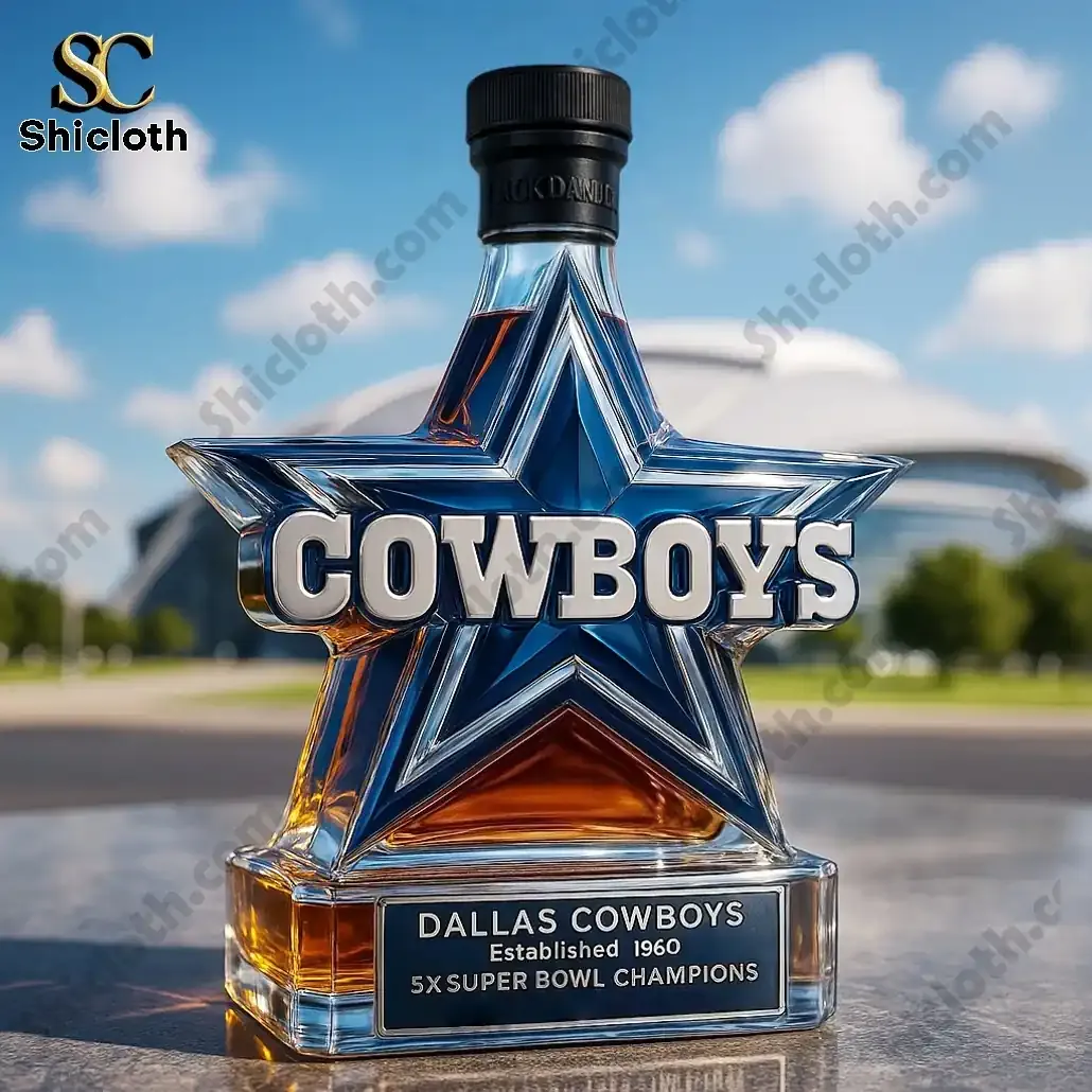 NEW-Dallas Cowboys 5x Super Bowl Champions Christmas Whiskey Bottle 7 Dallas Cowboys star bottle with a black cap near a stadium!