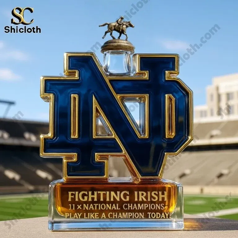 Notre Dame Fighting Irish Limited Edition Christmas Whiskey Bottle 7 A Notre Dame logo shaped bottle with a horse figure cap standing in a stadium setting!