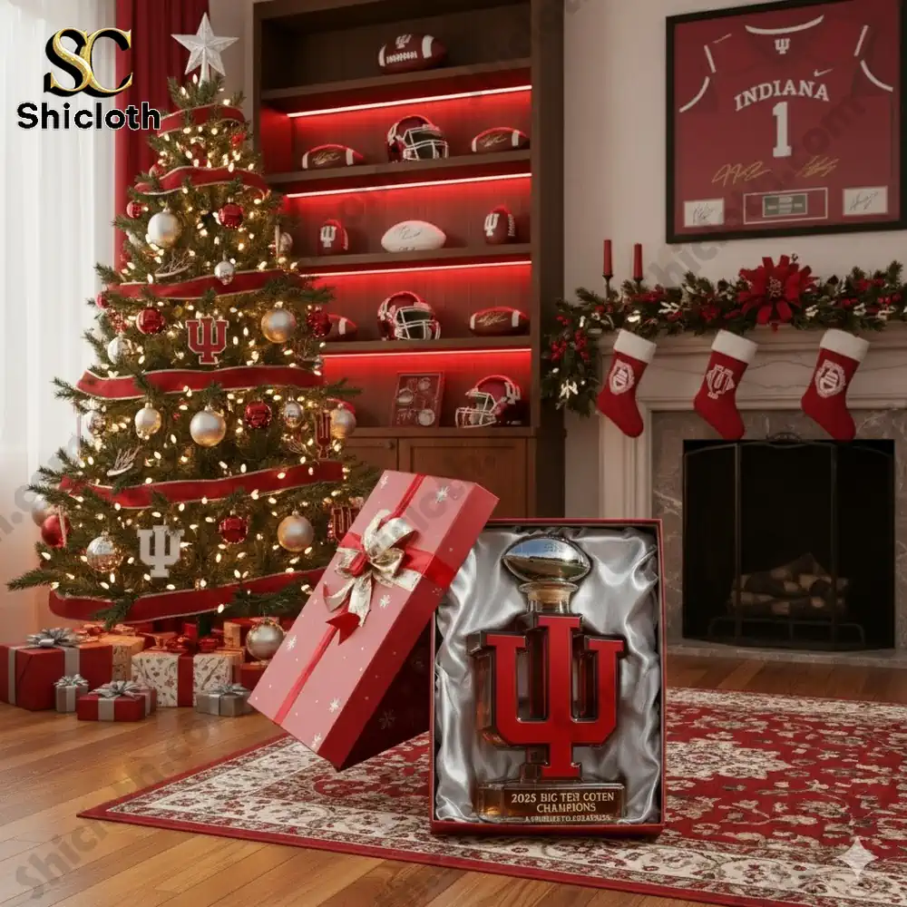 Indiana logo shaped bottle in a gift box beside a decorated Christmas tree!
