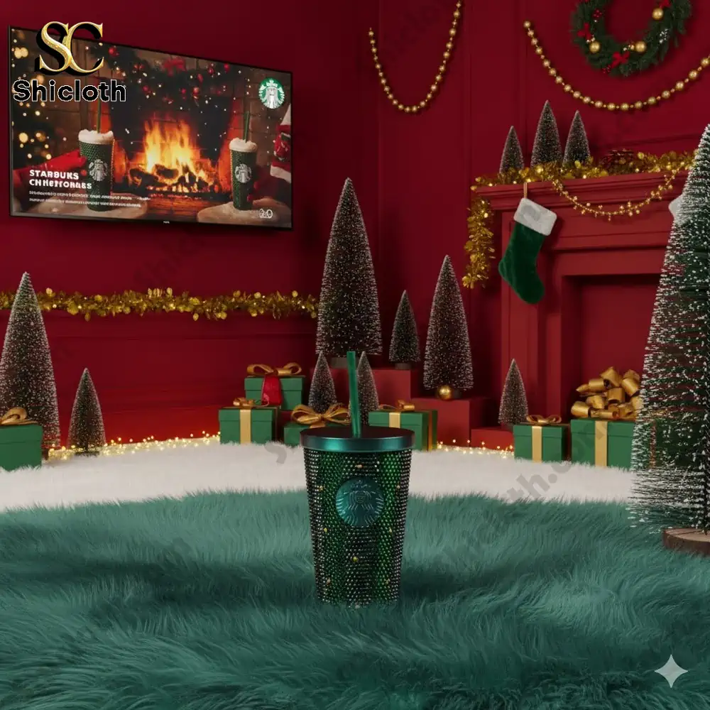 Green Starbucks tumbler in a festive Christmas room with red walls and decorated trees.