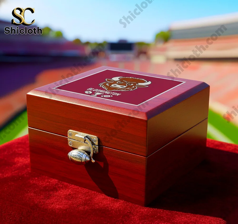 2025 Big Ten Champions Indiana Hoosiers Commemorative Ring 3 Wooden ring box with team emblem displayed on a stadium backdrop!