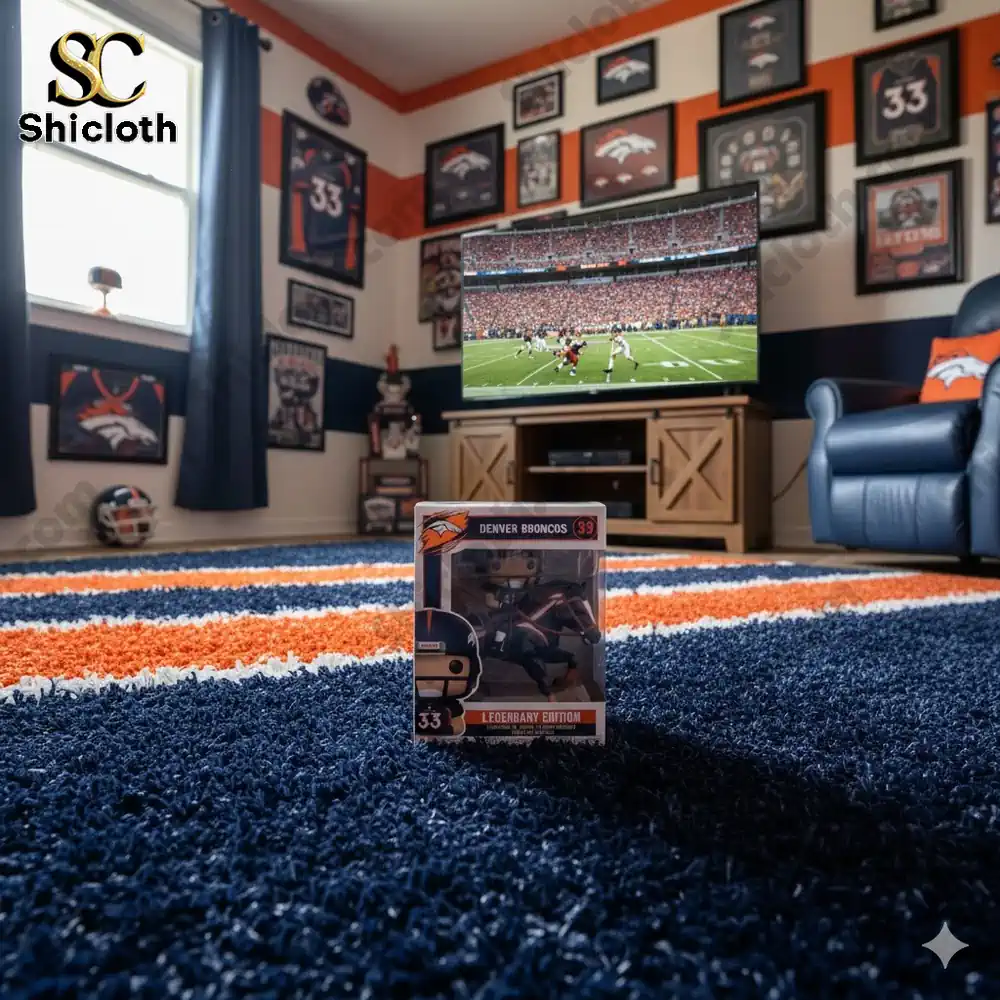 A Denver Broncos Legendary Edition Pop figure of player #33 displayed in a Broncos-themed room with memorabilia and a game on TV.