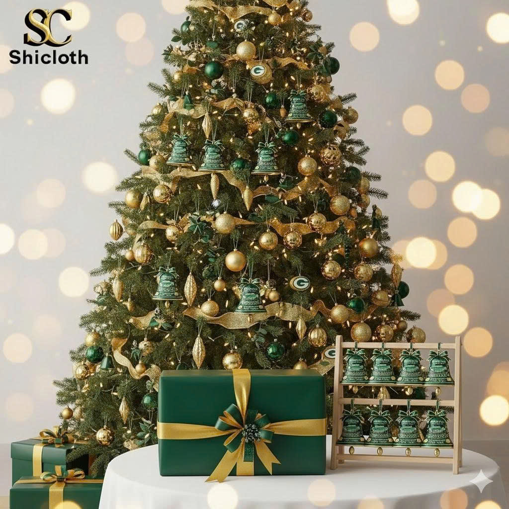 Christmas tree decorated with multiple green Lambeau Field themed bell ornaments and gift boxes below!