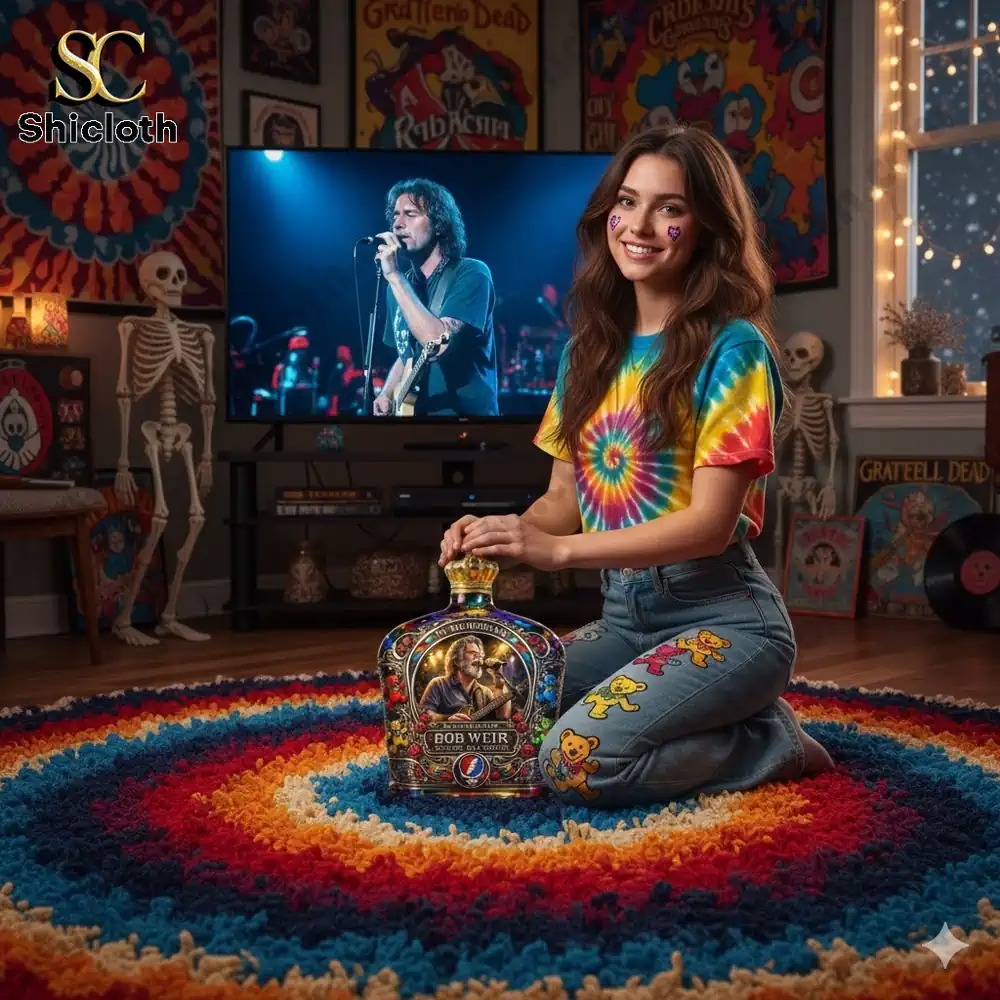 Woman holding Bob Weir art whiskey bottle in music room!