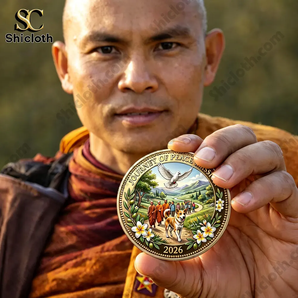 Monk holding a peace mission commemorative coin outdoors!