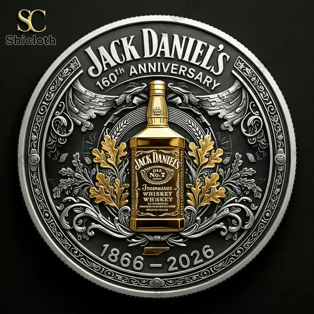 Decorative anniversary medallion with a whiskey bottle centerpiece!