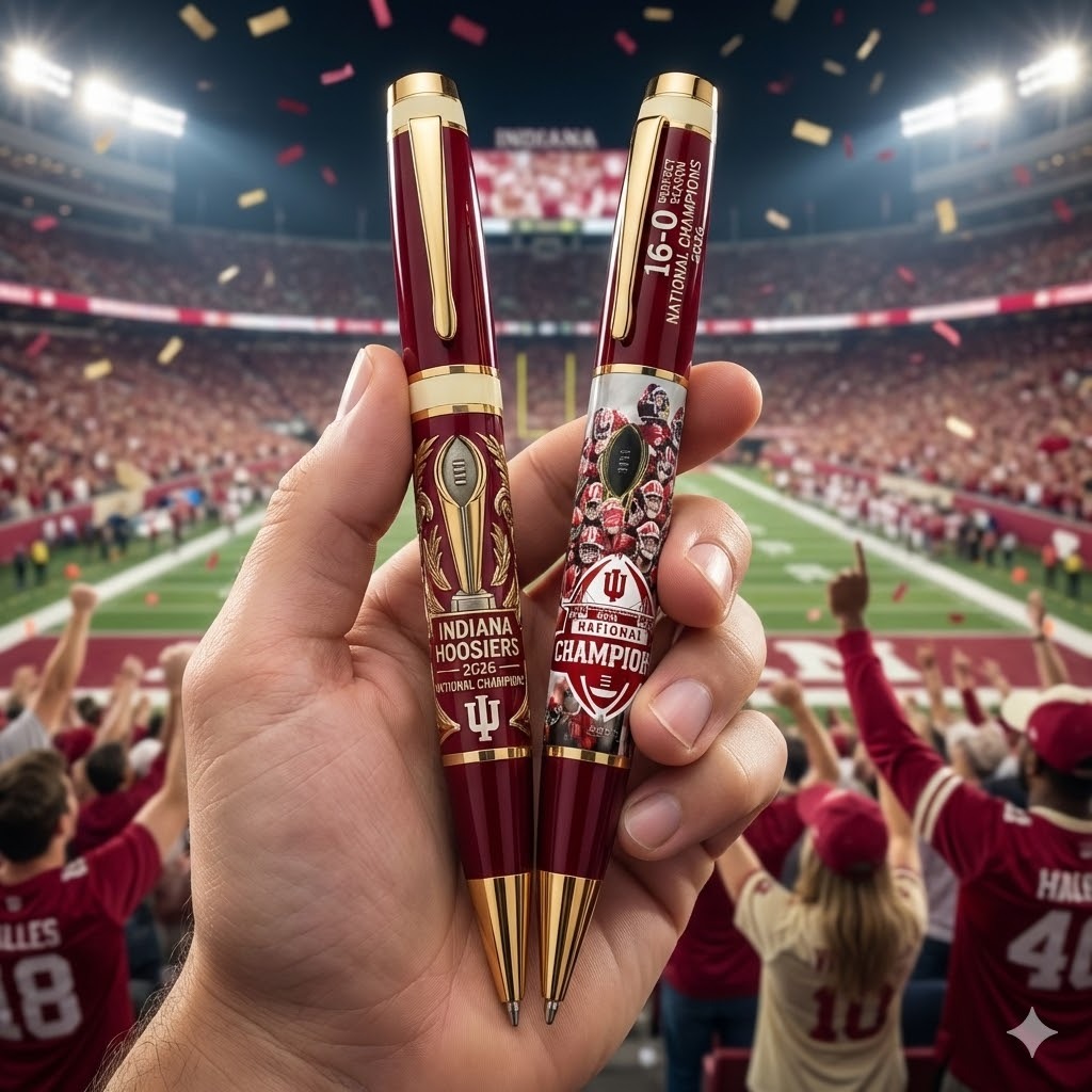 Indiana Hoosiers National Championship pens with trophy and cheering fans in the background!