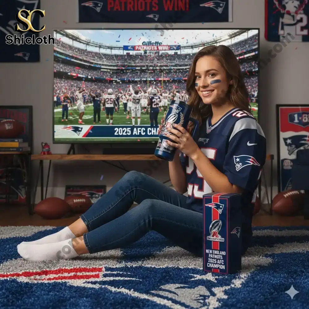 Female fan holding Patriots champions mug while watching football at home!