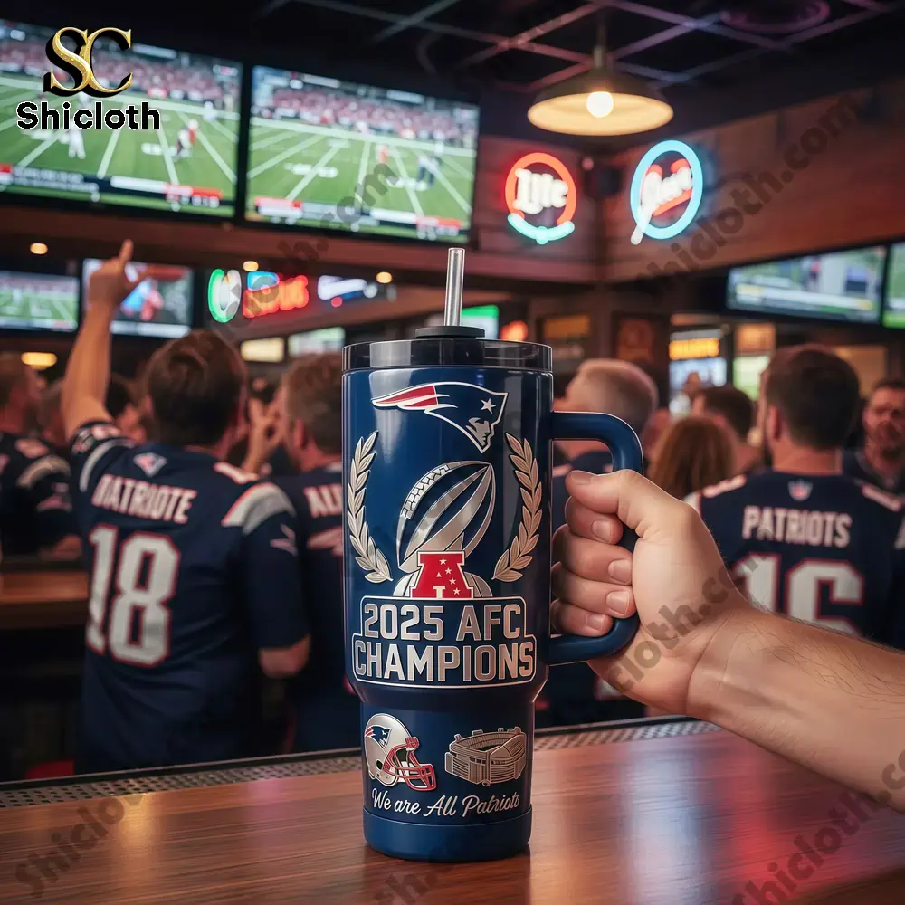 2025 New England Patriots AFC Champions Commemorative Tumbler 3 Patriots champions mug held by fan in sports bar!