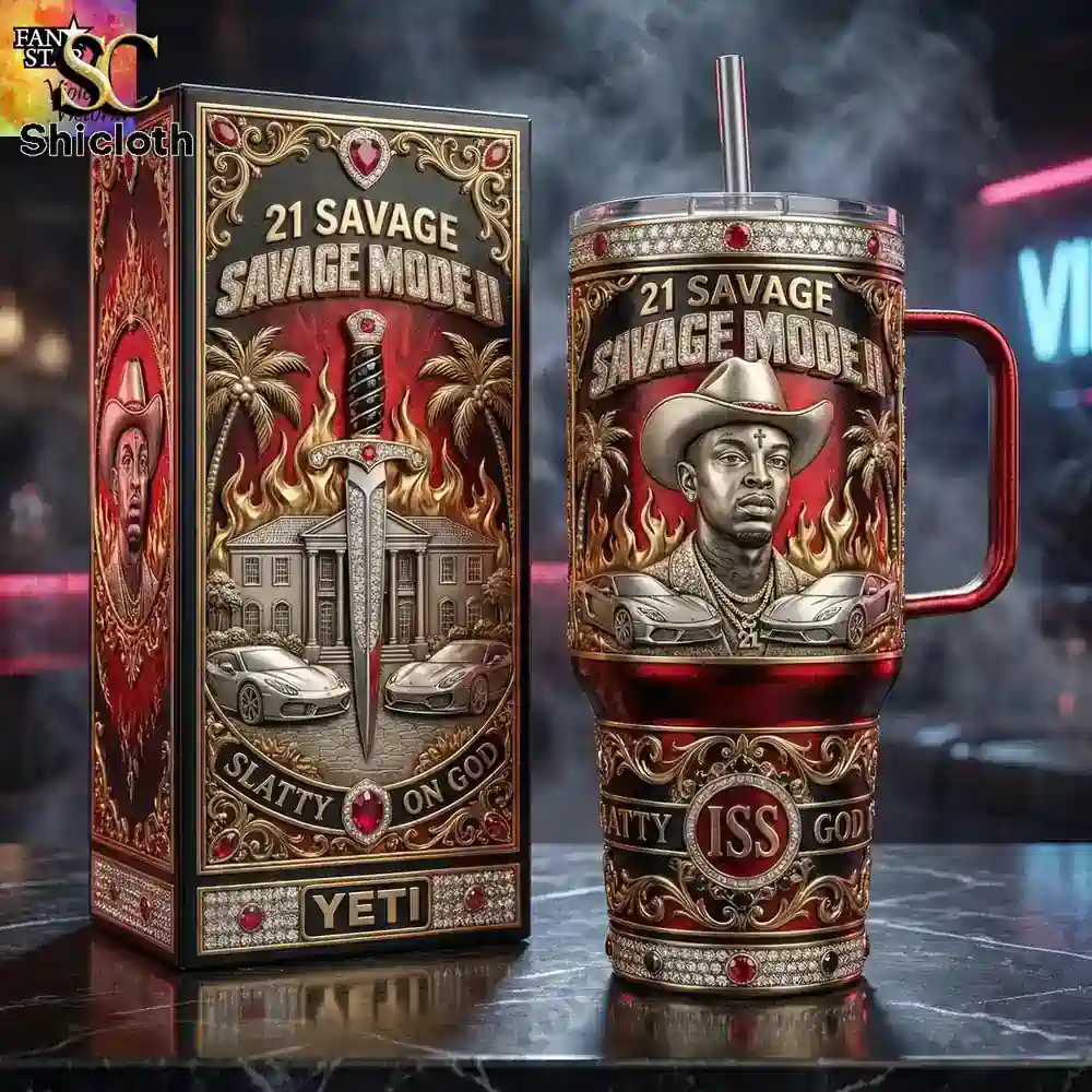 21 Savage Savage Mode tumbler with luxury box under dramatic lighting!