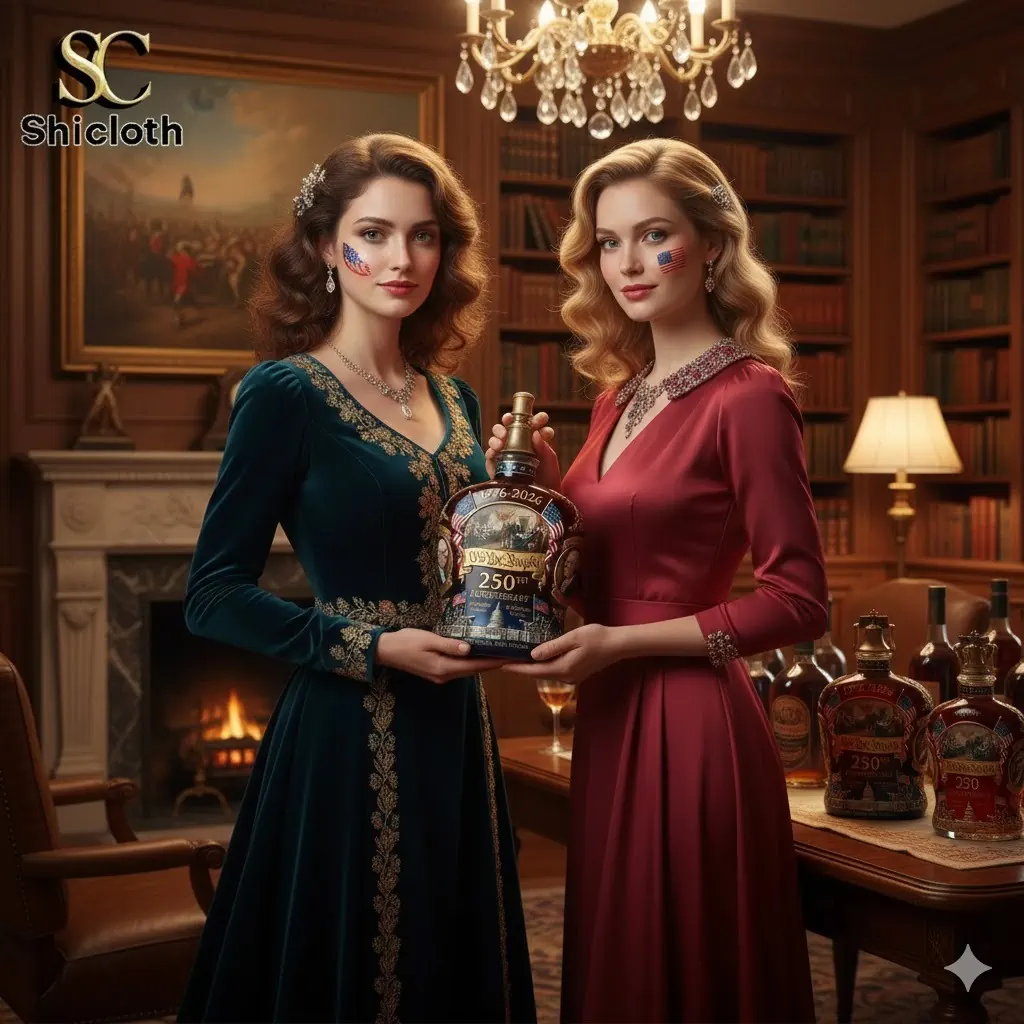 A commemorative whiskey bottle featuring two women holding the bottle in front of a bookshelf, celebrating the 250th anniversary of the United States.