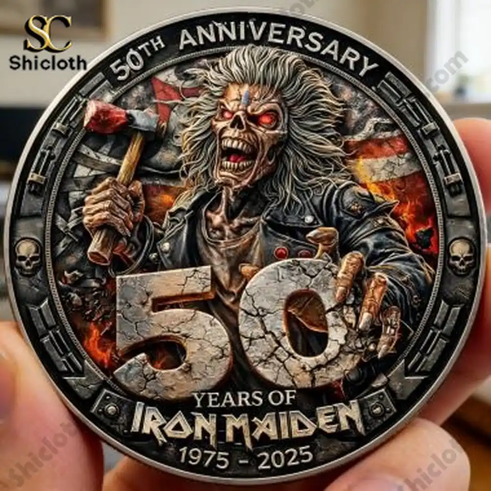 Close up of Iron Maiden fifty year anniversary coin design!
