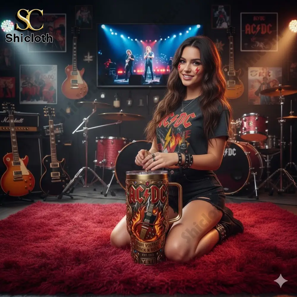 A rock style woman kneeling on a red carpet holding an AC DC YETI tumbler in a music studio!
