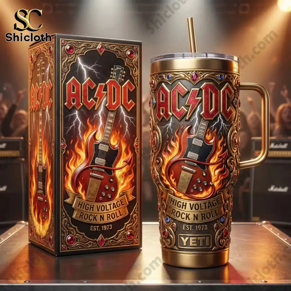 AC DC YETI tumbler with decorative box displayed on a stage inspired surface!