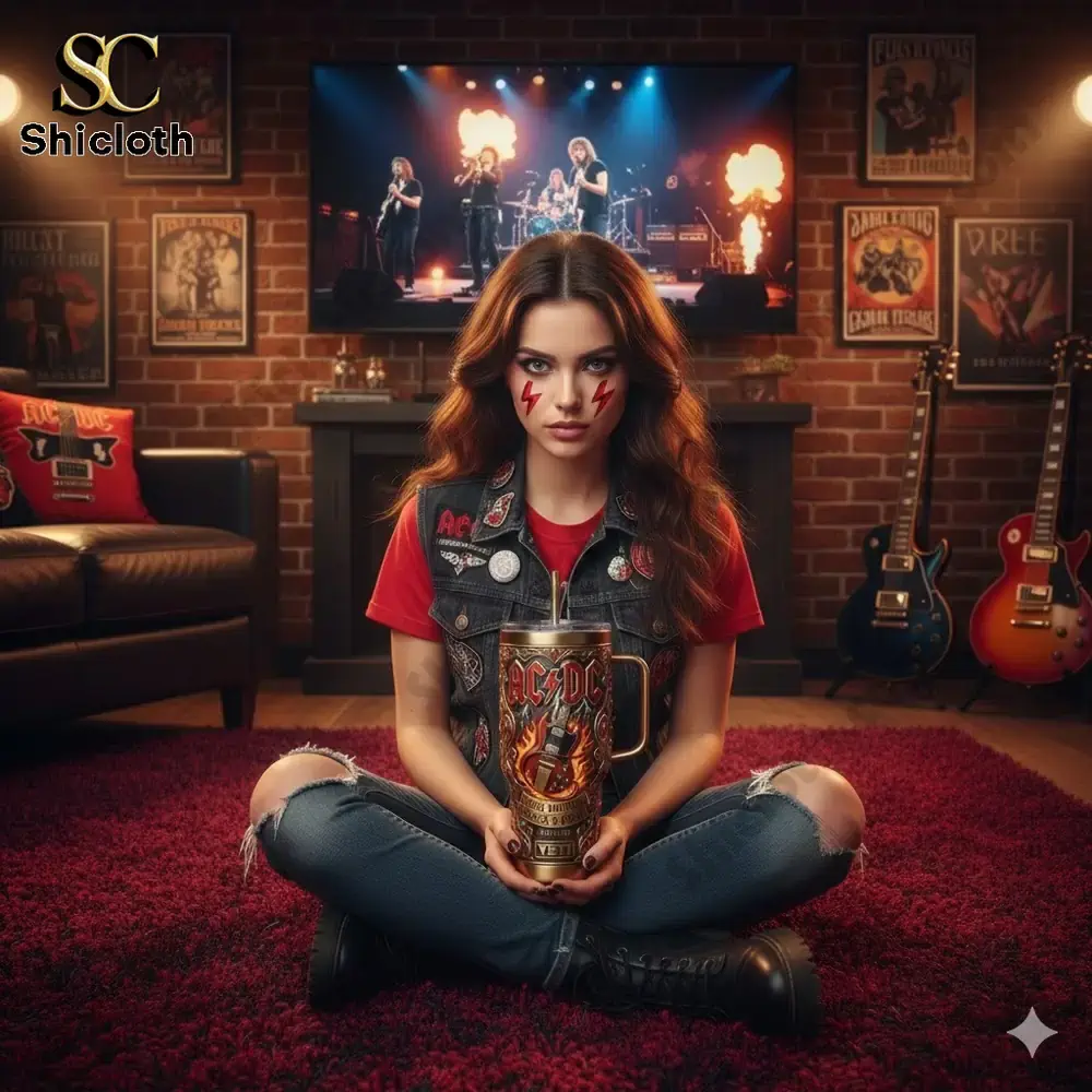 System Of A Down 2026 40oz Tumbler 68 Rock style woman holding AC DC themed tumbler in music room!