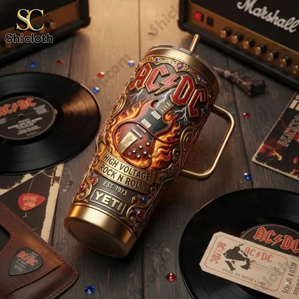 AC DC High Voltage Rock N Roll Yeti Tumbler 4 AC DC themed tumbler surrounded by classic rock items!