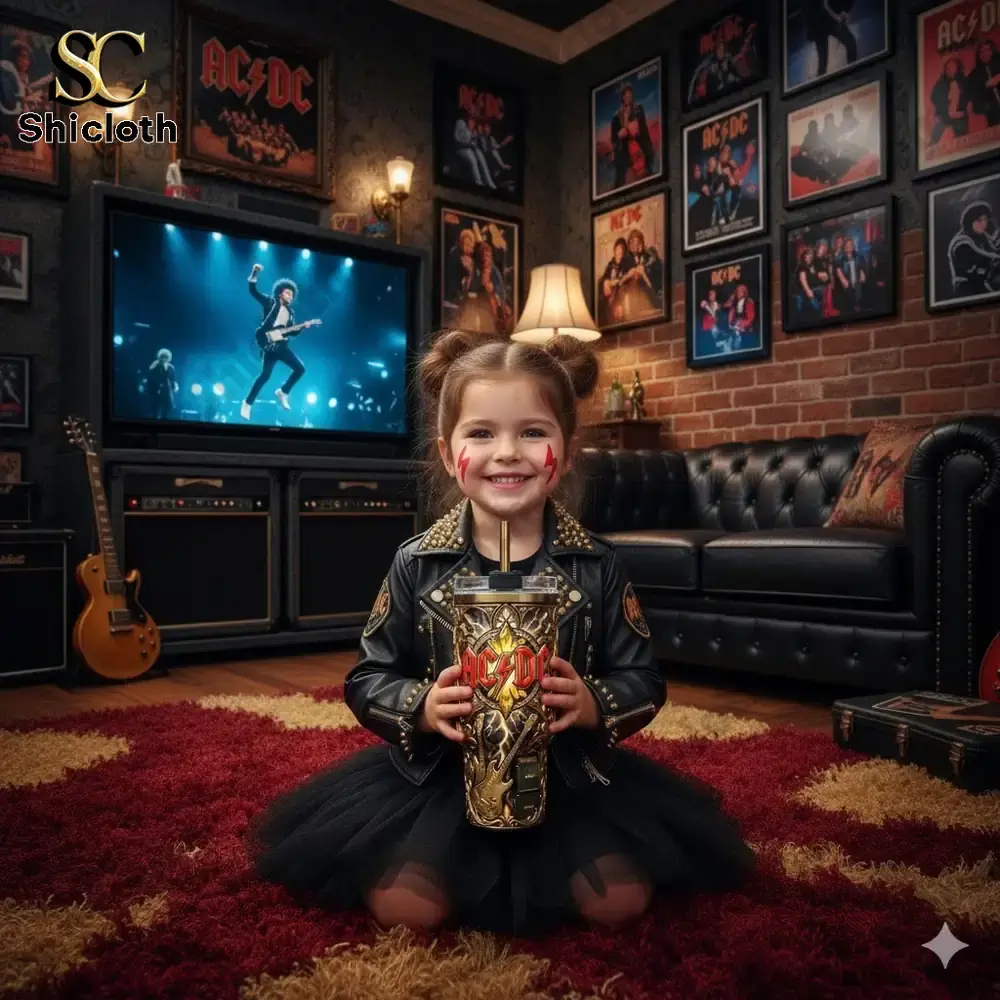 System Of A Down 2026 40oz Tumbler 66 Rock style woman holding AC DC themed tumbler in music room!