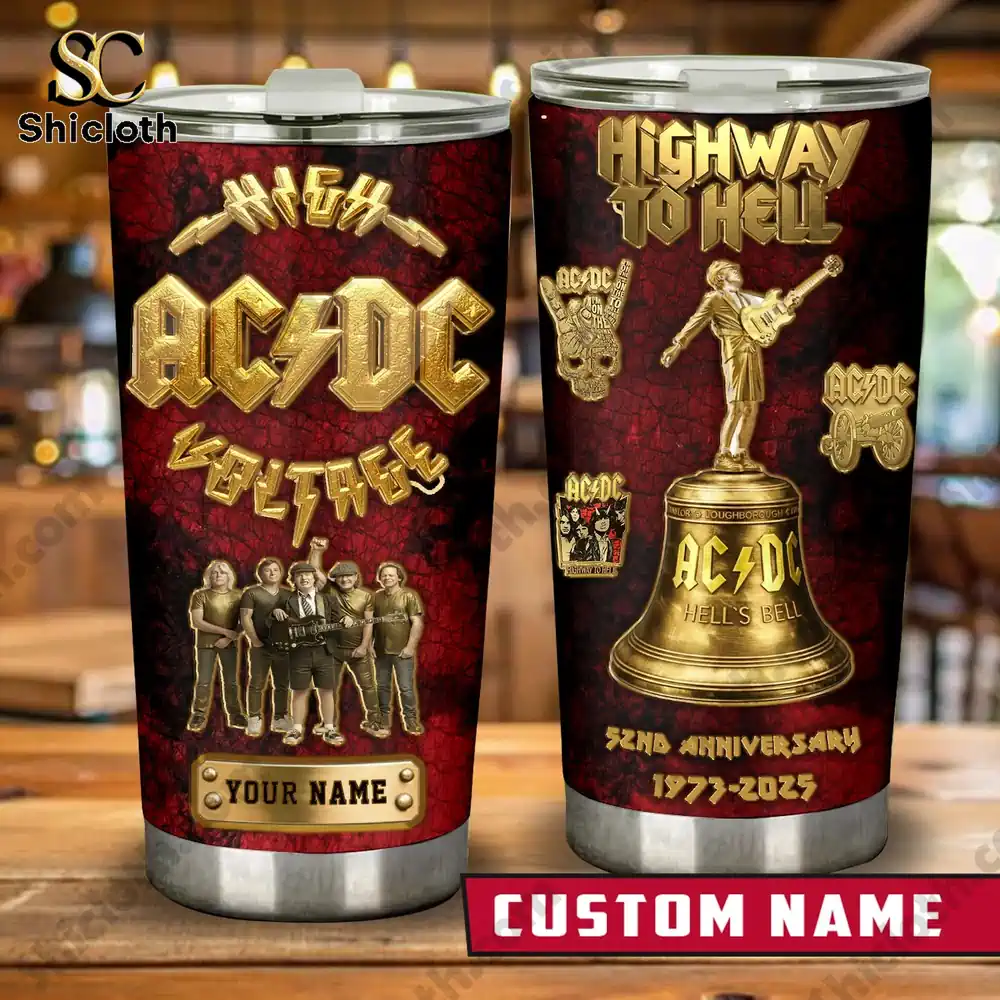 AC DC Voltage Shicloth tumbler front and back view on wooden table!