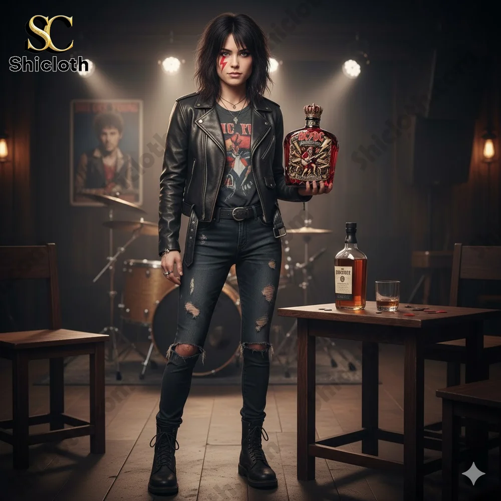 Rock woman holding ACDC whiskey bottle on stage!
