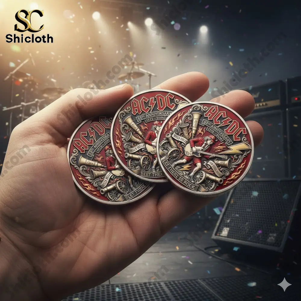 Hand holding three ACDC commemorative coins on concert stage!